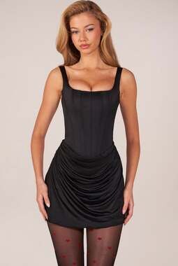 NWT $130 Oh Polly Black Lace Up Corset Ruched Mini Dress Size 8